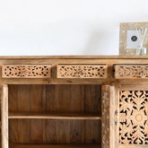 Pine Grove Floral Carved Handmade Indian Furniture Mango Wood Sideboard Natural Finish
